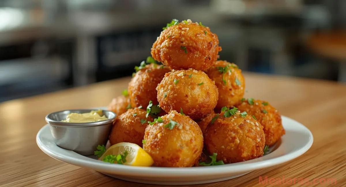 Famous Crab Bombs with jumbo lump crab and lemon wedges