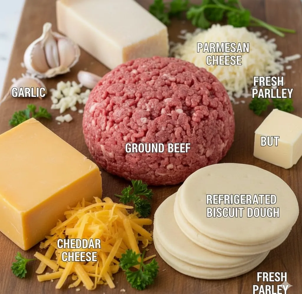 Ingredients for Garlic Parmesan Cheeseburger Bombs including ground beef, cheddar, Parmesan, and biscuit dough