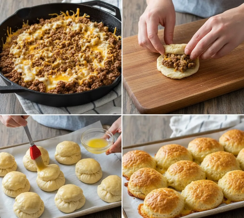 Step-by-step preparation of Garlic Parmesan Cheeseburger Bombs: cooking beef filling, assembling dough, and baking to golden perfection