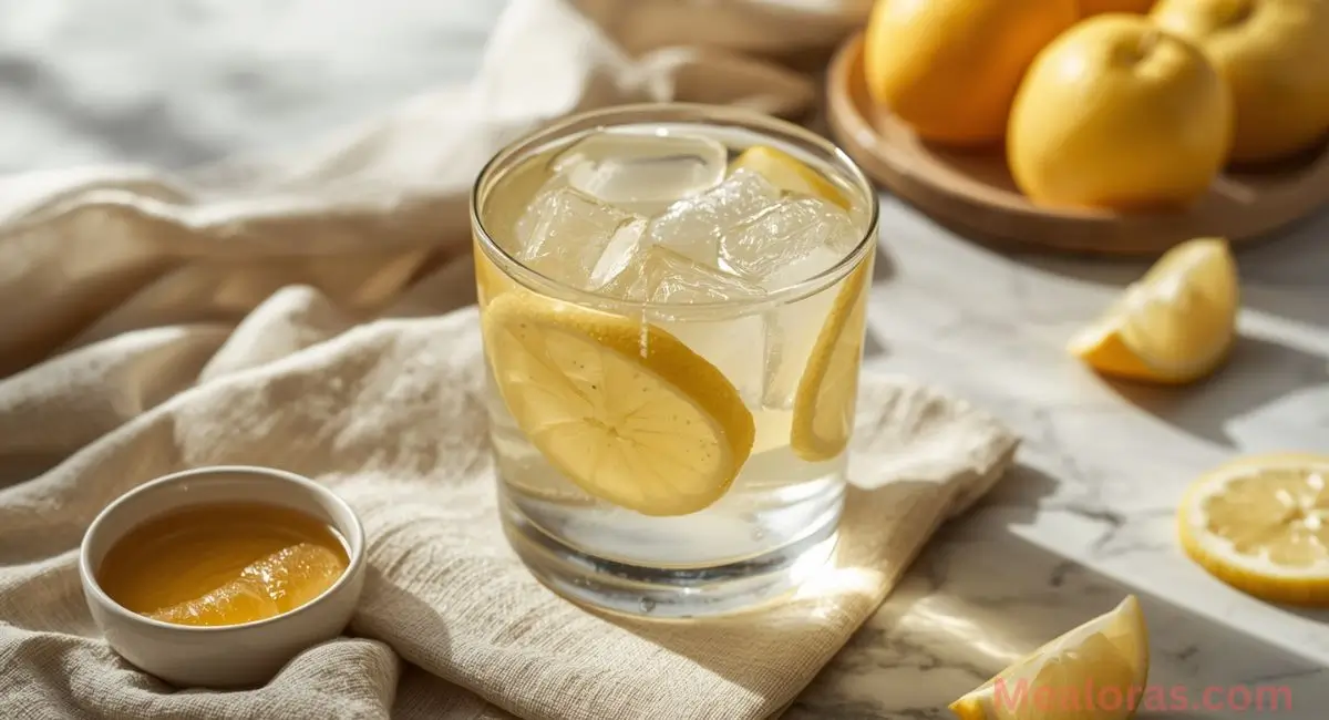 Glass of chilled ice water hack with lemon slice served before meal