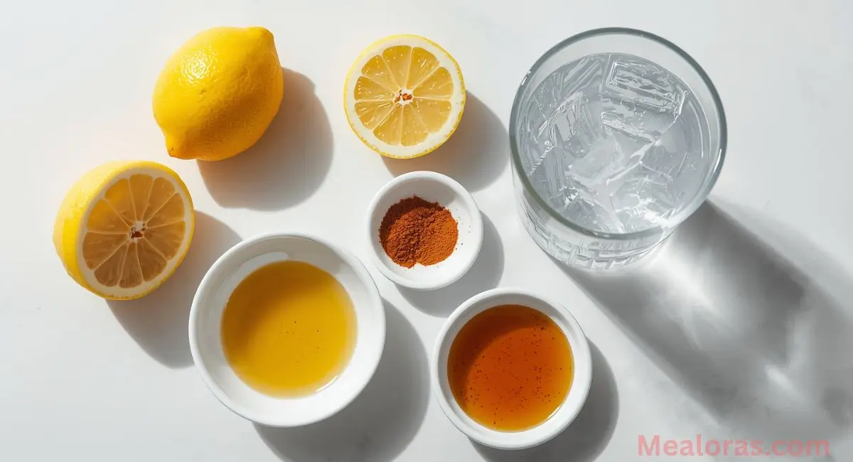Fresh ingredients for Ice Water Hack — lemon, apple cider vinegar, honey, cinnamon, and cayenne