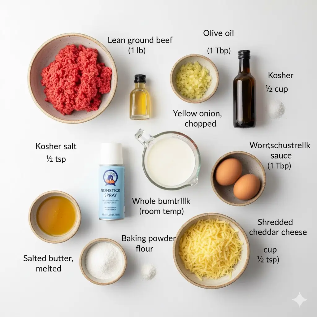 Ingredients for Pioneer Woman Cheeseburger Pie including ground beef, eggs, cheese, and buttermilk
