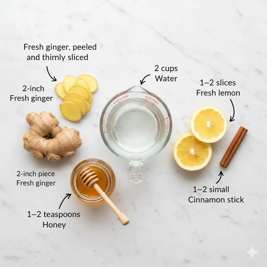Ingredients for JalbiteDrinks Tea fresh ginger, cinnamon stick, lemon, honey, and water