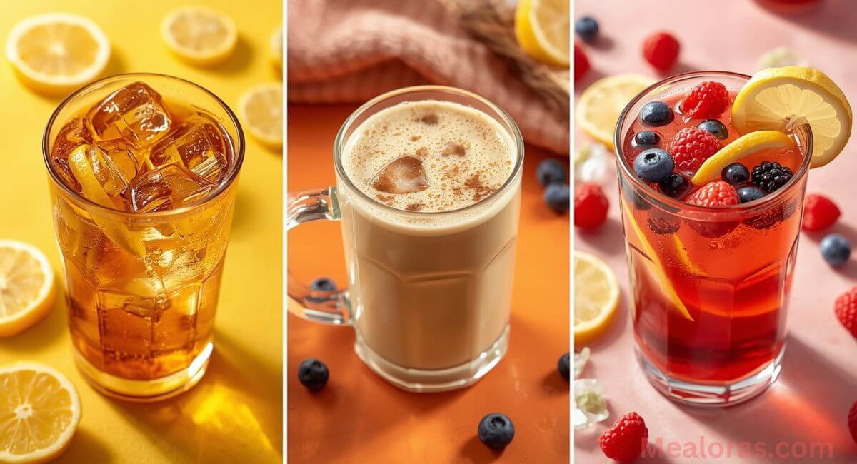 Three variations of JalbiteDrinks Tea: iced tea with lemon, creamy latte, and fruity detox blend