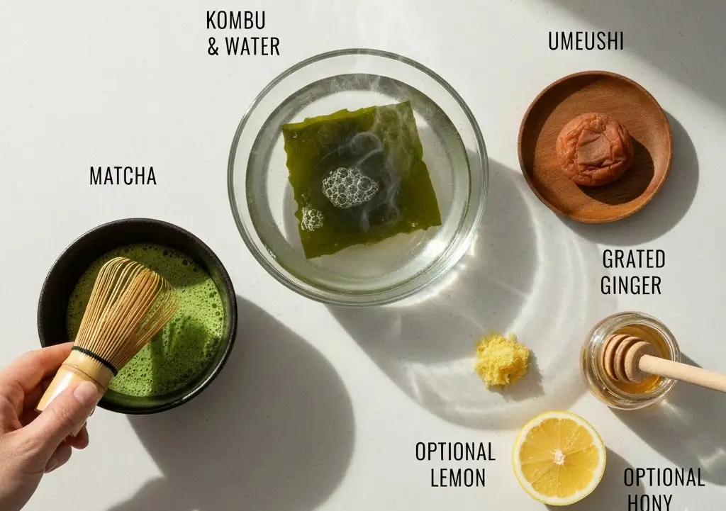Step-by-step preparation of Japanese Mounjaro drink with kombu soaking, matcha whisking, umeboshi, and ginger, optional lemon and honey