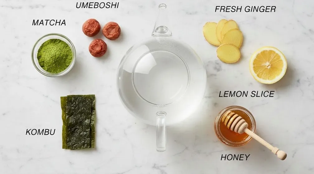 Ingredients for Japanese Mounjaro drink: matcha, umeboshi, kombu, ginger, lemon, honey