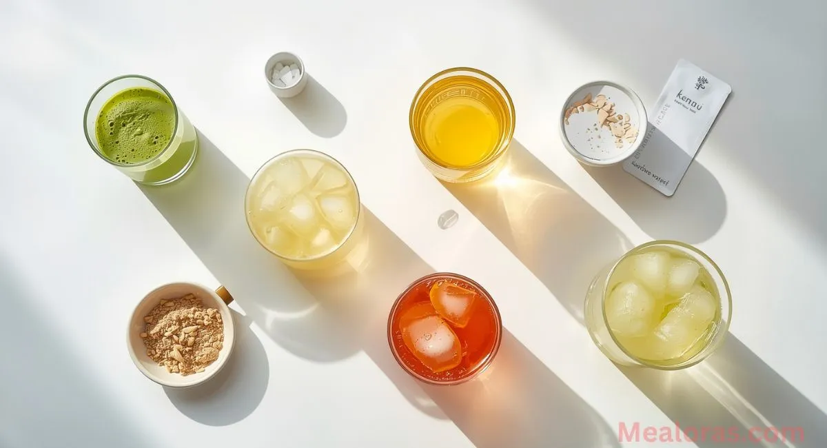 Eight Japanese Mounjaro drink variations: Matcha, Citrus/Yuzu, Ginger-Honey, Kombu Mineral Water, Low-Sugar, Low-Salt, High-Protein Smoothie, and Iced Summer Hydration version, arranged with ingredient highlights