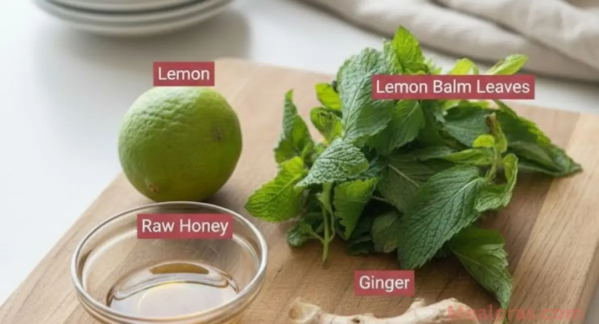 Fresh lemon balm leaves, ginger, lemon, honey, and filtered water arranged for making lemon balm weight loss tea