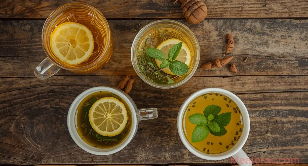 Four variations of lemon balm tea: ginger & lemon, honey lemon balm, green tea blend, and mint refresh, presented in cups with herbs around