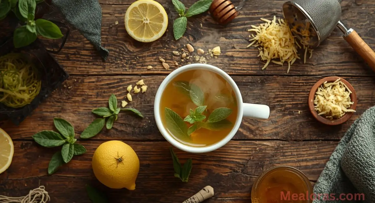 Cup of lemon balm and ginger tea with honey and fresh lemon for added flavor and nutrients