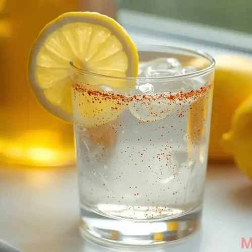 Refreshing glass of lemon water cayenne pepper detox drink with lemon slice and maple syrup bottle