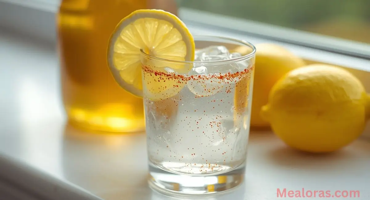 Refreshing glass of lemon water cayenne pepper detox drink with lemon slice and maple syrup bottle