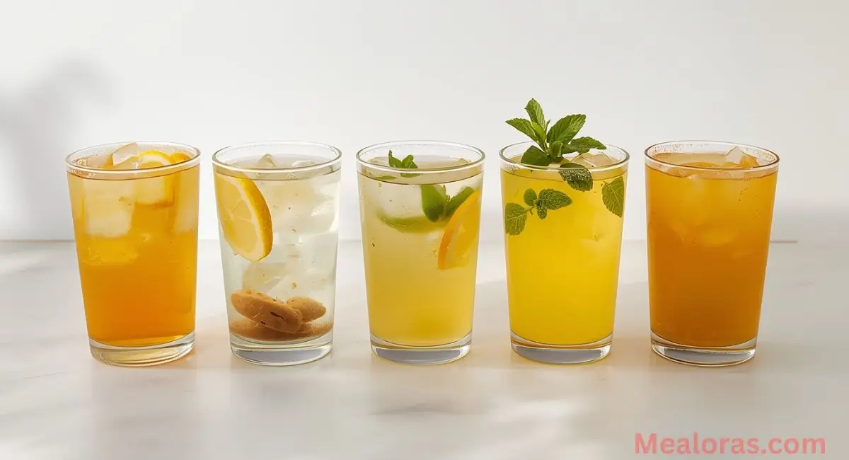 Different variations of lemon water cayenne pepper drink including honey, ginger, turmeric, and iced versions