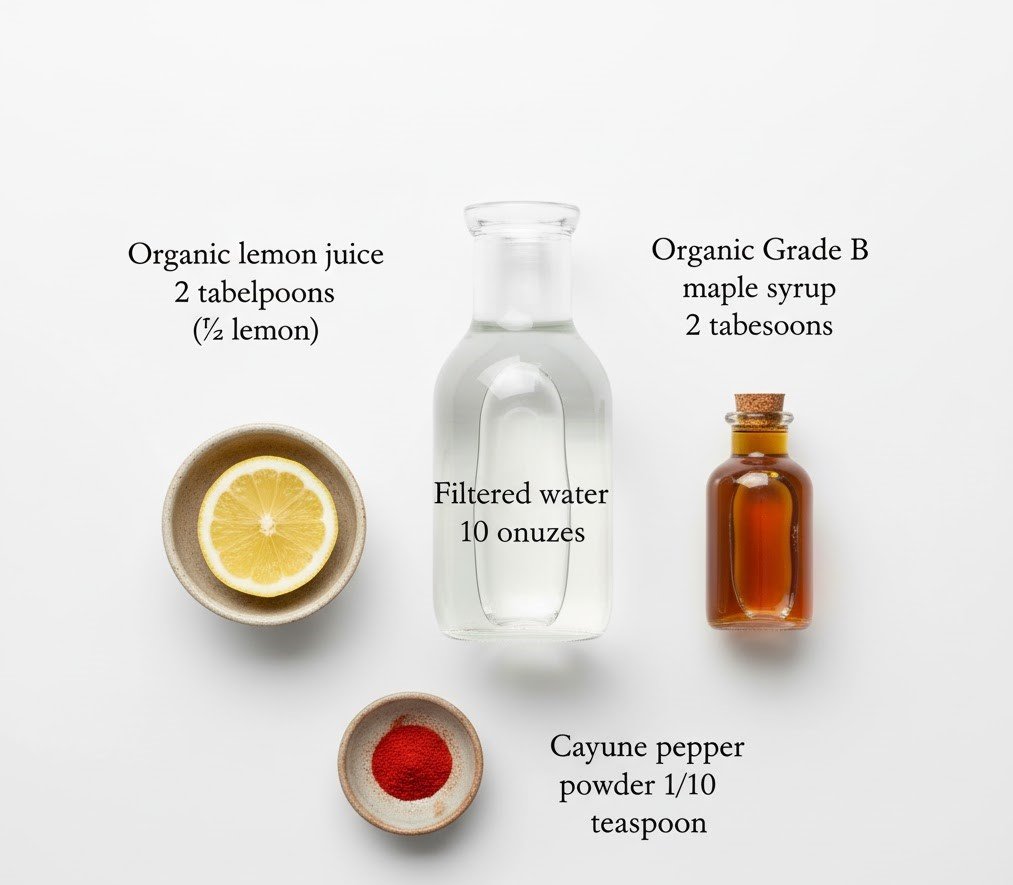 Fresh lemons, maple syrup, cayenne pepper, and filtered water ingredients for lemon water cayenne pepper recipe