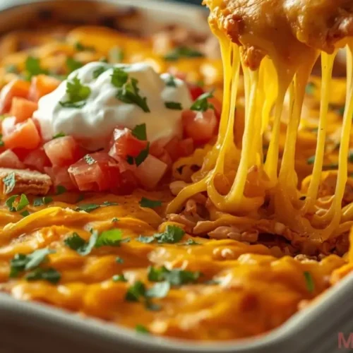 Mexican White Trash Casserole topped with melted cheese and fresh garnishes