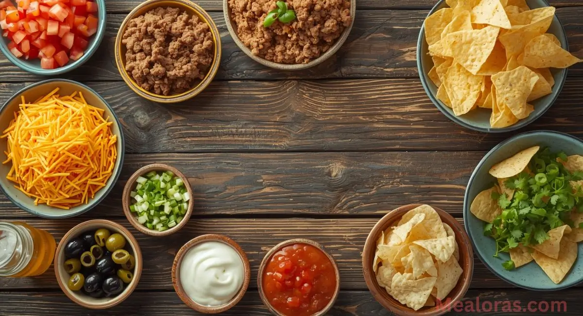 Ingredients for Mexican White Trash Casserole including tortilla chips, ground meat, cheese, and refried beans