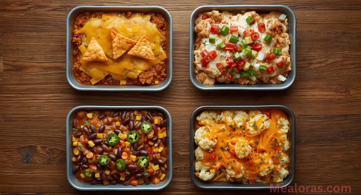 Four Mexican White Trash Casserole variations: Ground Beef Dorito, Spicy Green Chile Chicken, Vegetarian, and Low-Carb Cauliflower