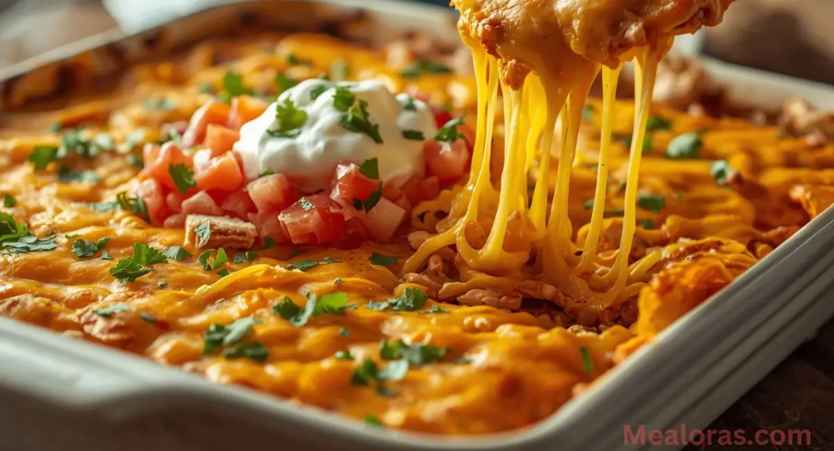 Mexican White Trash Casserole topped with melted cheese and fresh garnishes