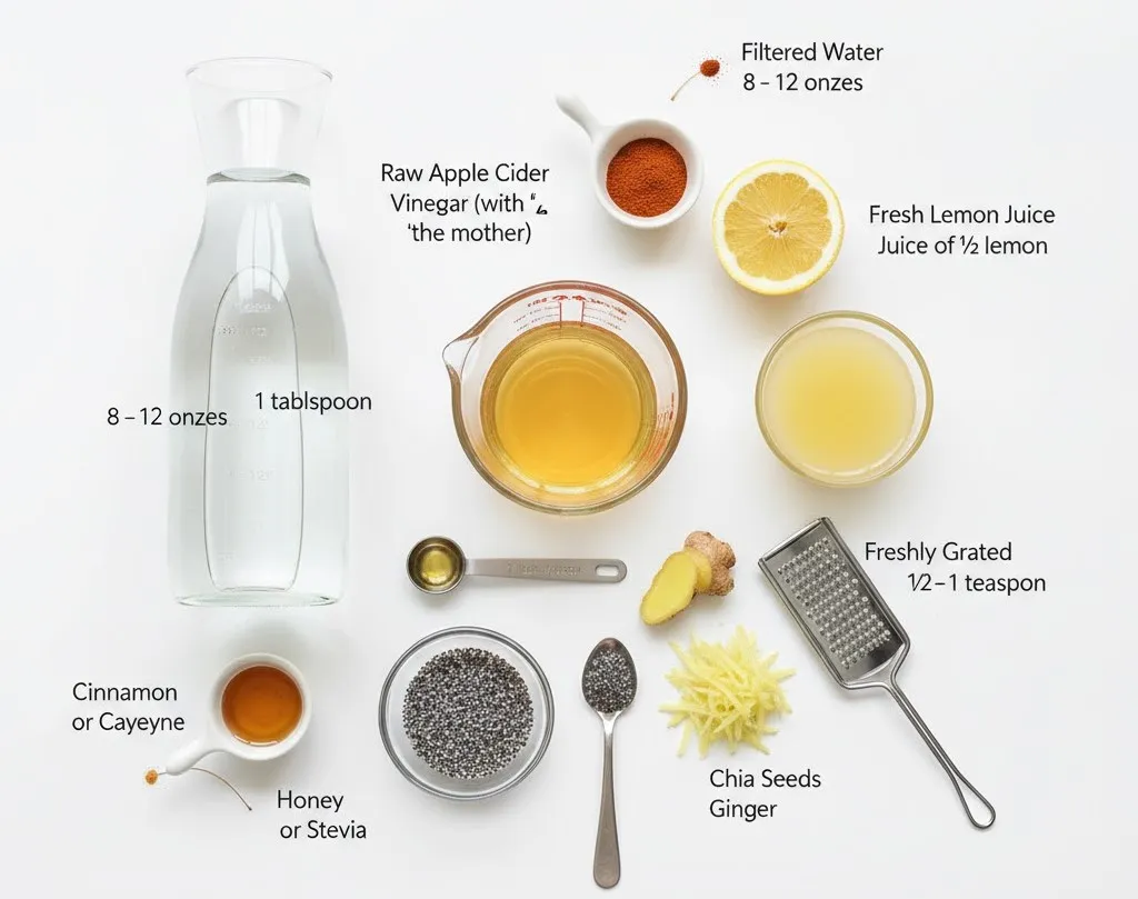 Ingredients for Natural Zepbound Drink: raw apple cider vinegar, lemon juice, chia seeds, fresh ginger, cinnamon, and honey