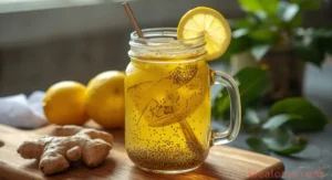 Glass of natural Zepbound drink with apple cider vinegar, lemon, chia seeds, and ginger for weight loss