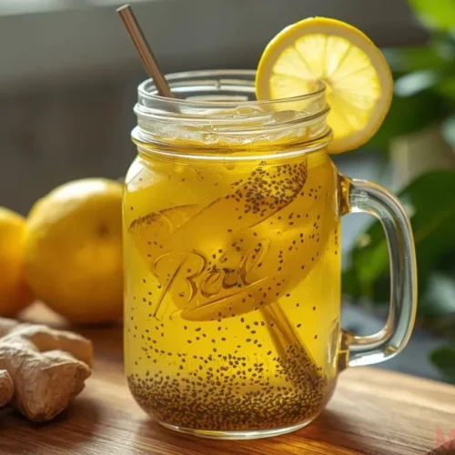 Glass of natural Zepbound drink with apple cider vinegar, lemon, chia seeds, and ginger for weight loss
