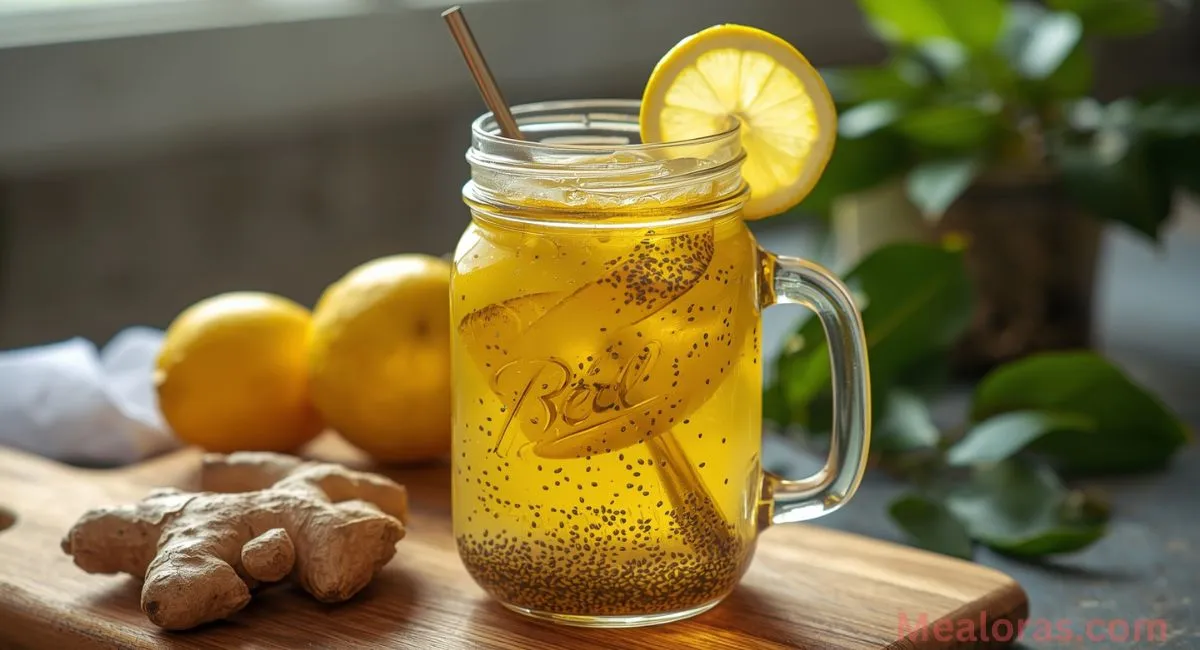 Glass of natural Zepbound drink with apple cider vinegar, lemon, chia seeds, and ginger for weight loss