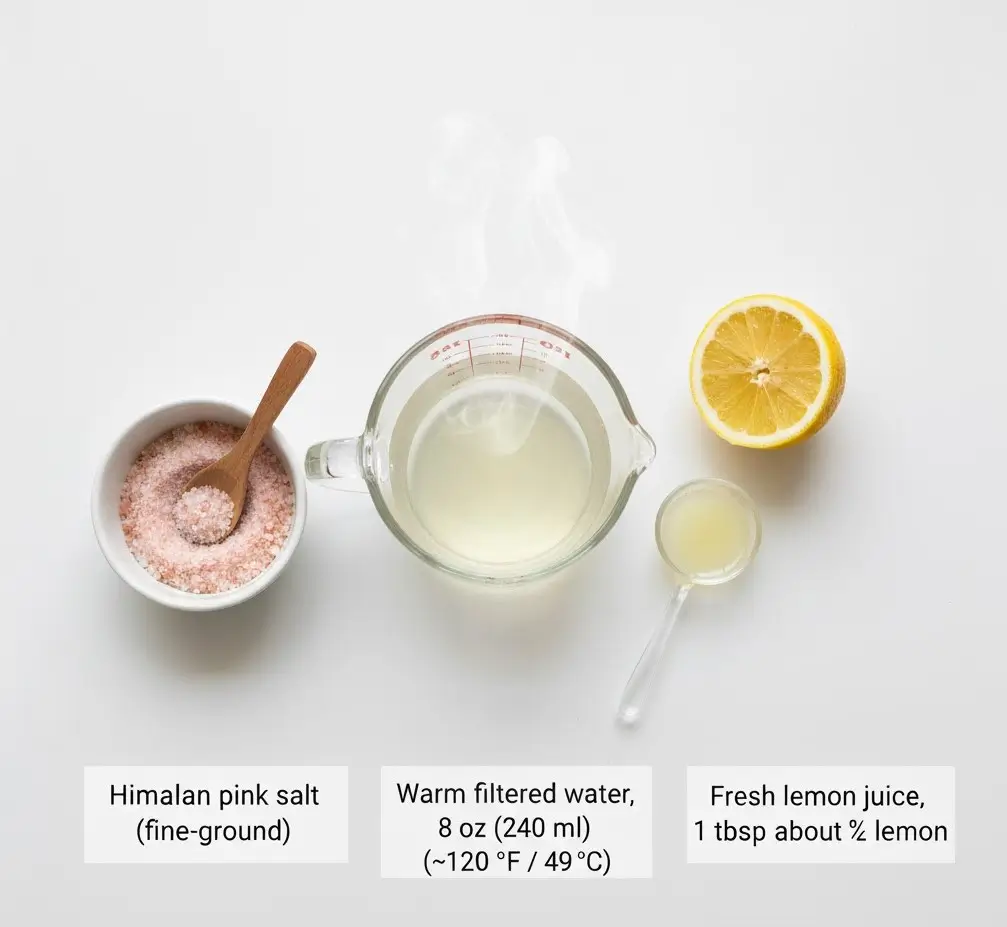 Ingredients for pink salt trick drink including Himalayan salt, lemon, and warm water