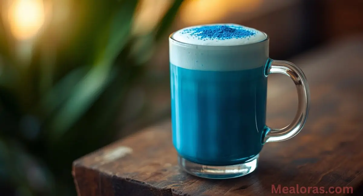 Pouring blue salt trick drink into mug with mint garnish ready to serve warm or chilled