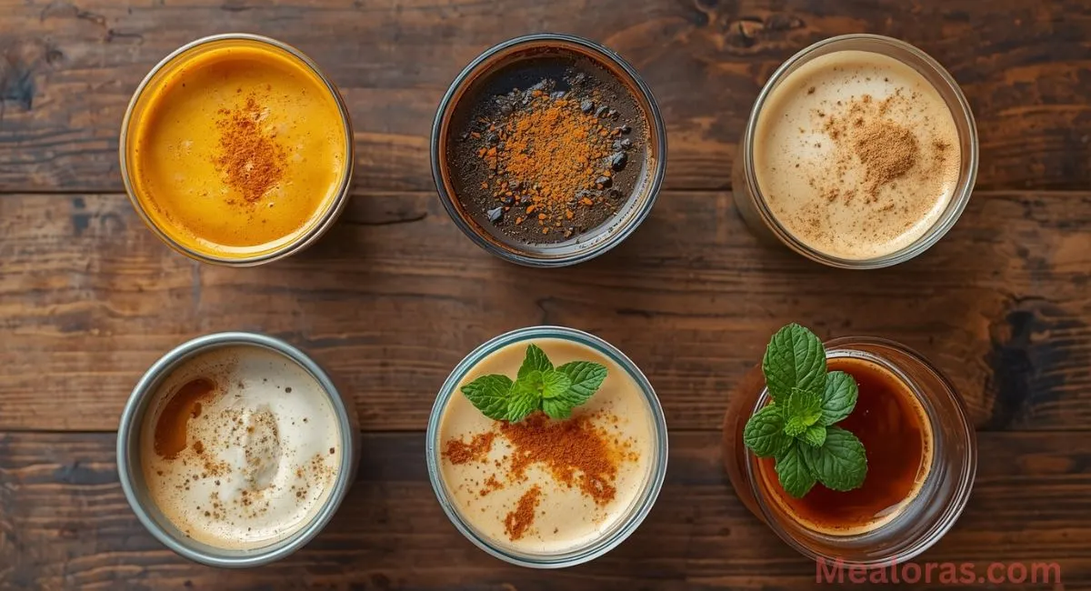 Six coffee loophole variations including turmeric, ginger, cayenne, collagen, mint, and cold brew on a rustic wooden table, styled for a cozy morning routine