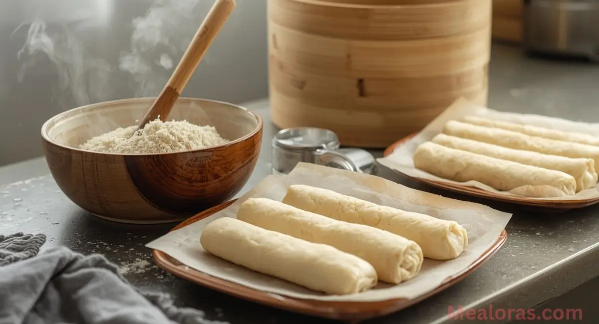 Step-by-step process of making South Asian rice cakes: kneading dough, shaping into ropes, and steaming for soft chewy texture