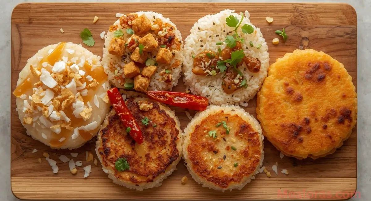 Four variations of South Asian rice cakes: sweet jaggery coconut, savory chili garlic sesame, pan-fried crispy edges, and air-fried chewy cakes