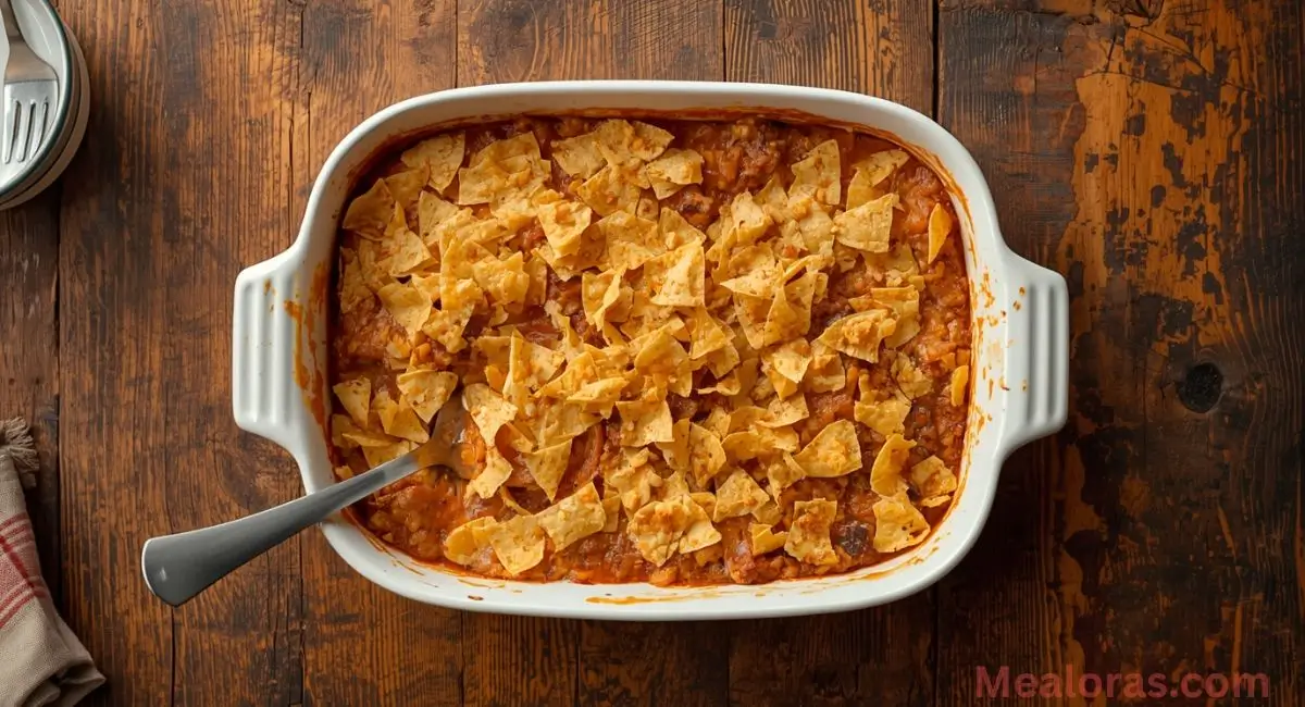 Crushed tortilla chips layered in a greased 9x13-inch baking dish