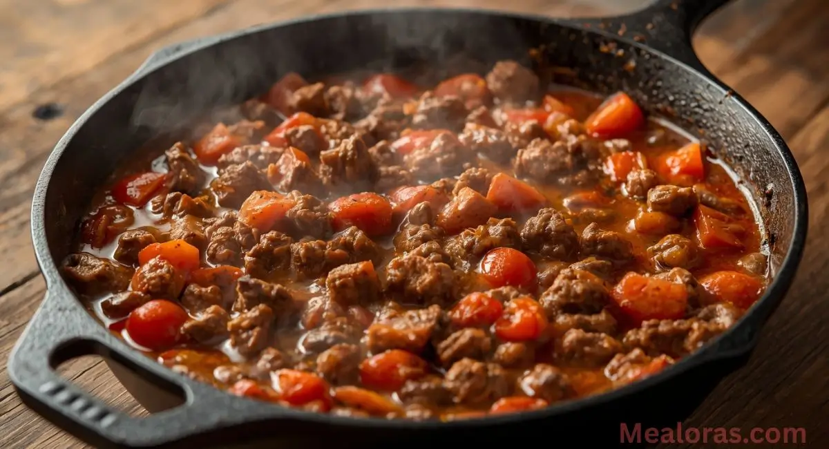 Ground beef or turkey being cooked with taco seasoning and salsa in a skillet