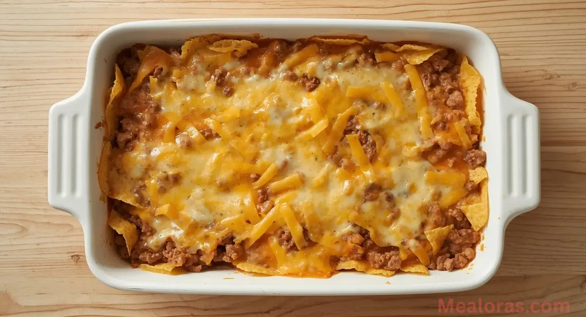Refried beans, seasoned meat, and cheese being layered over tortilla chips