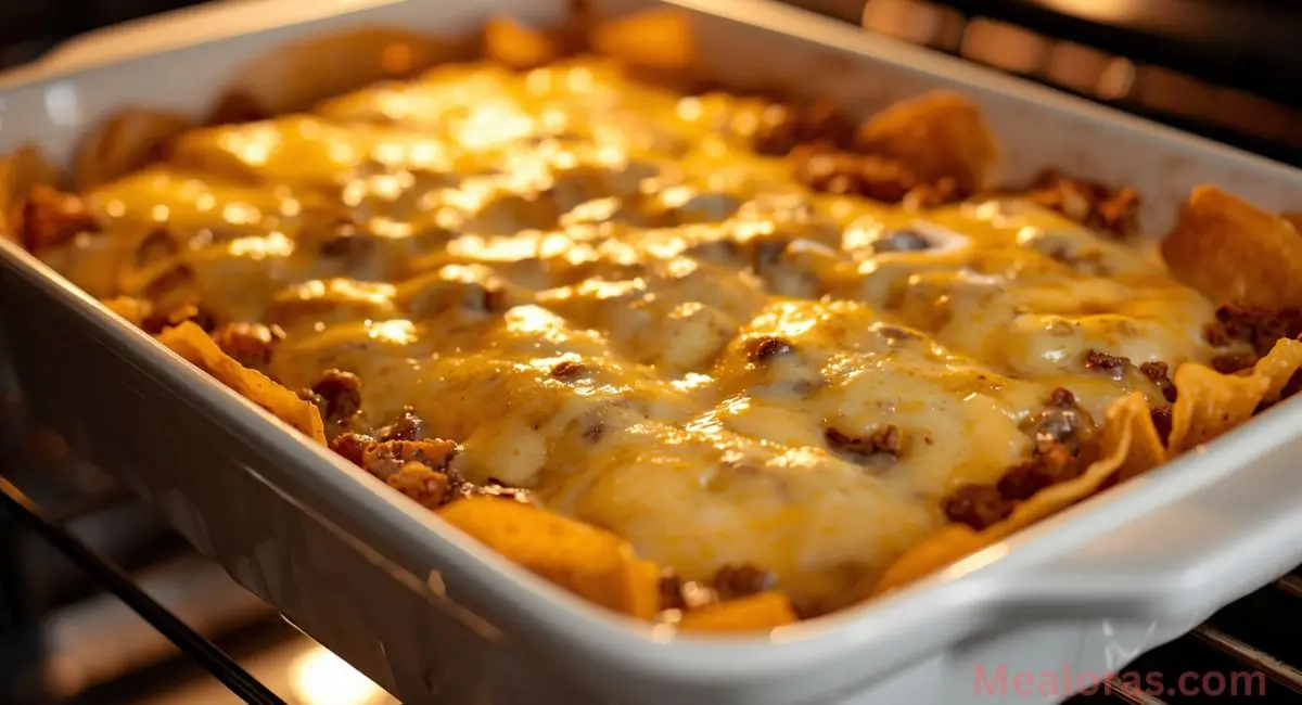 Mexican White Trash Casserole baking in the oven with cheese melting