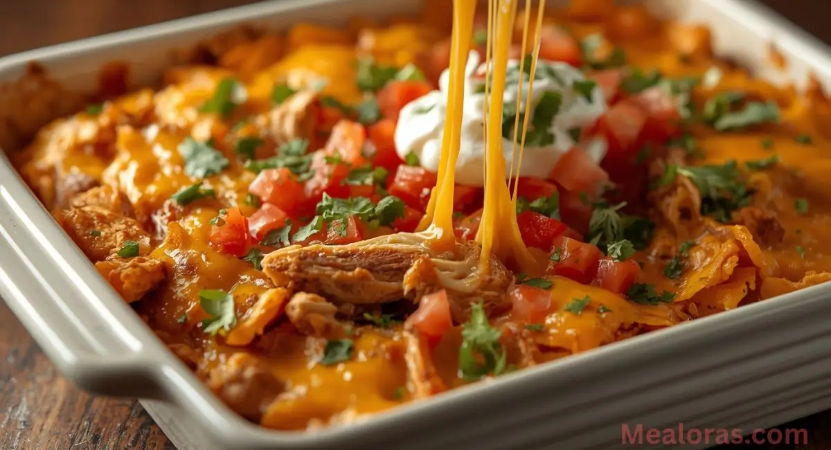 Finished Mexican White Trash Casserole topped with sour cream, guacamole, tomatoes, and cilantro