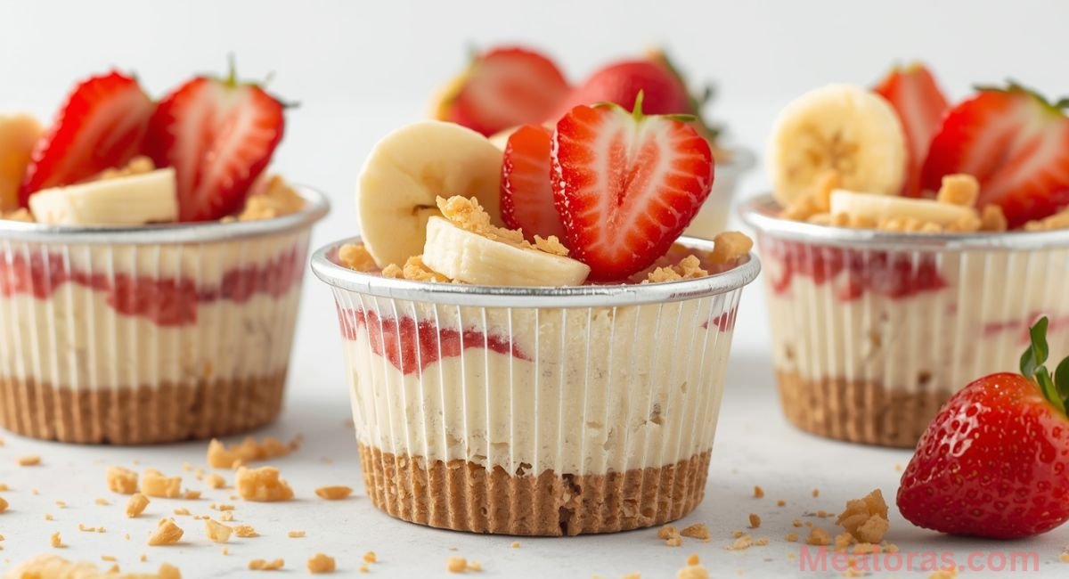 Chilled Strawberry Cheesecake Banana Pudding topped with whipped cream, fresh strawberries, chocolate shavings, and crushed cookies, ready to serve