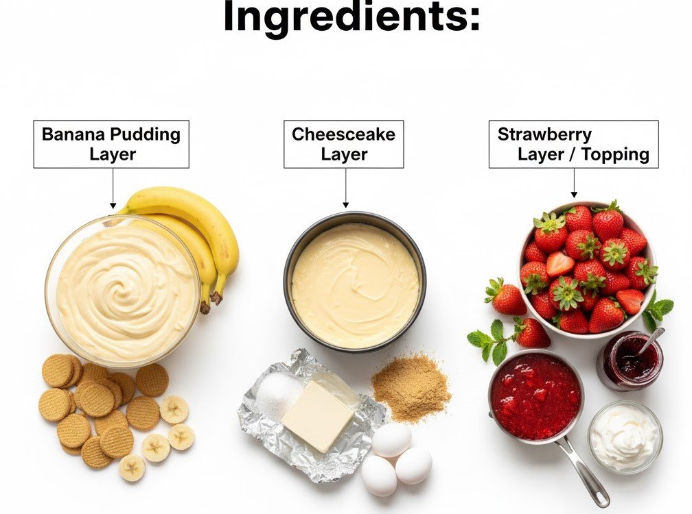 Ingredients for Strawberry Cheesecake Banana Pudding including cream cheese, bananas, strawberries, vanilla pudding mix, whipped cream, and crushed vanilla wafers
