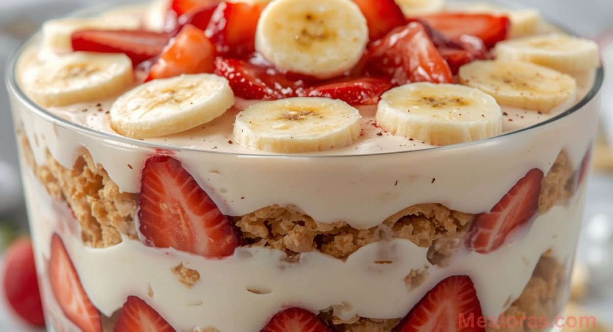 Step-by-step process of making Strawberry Cheesecake Banana Pudding with layers of banana pudding, cream cheese mixture, whipped cream, sliced bananas, and fresh strawberries