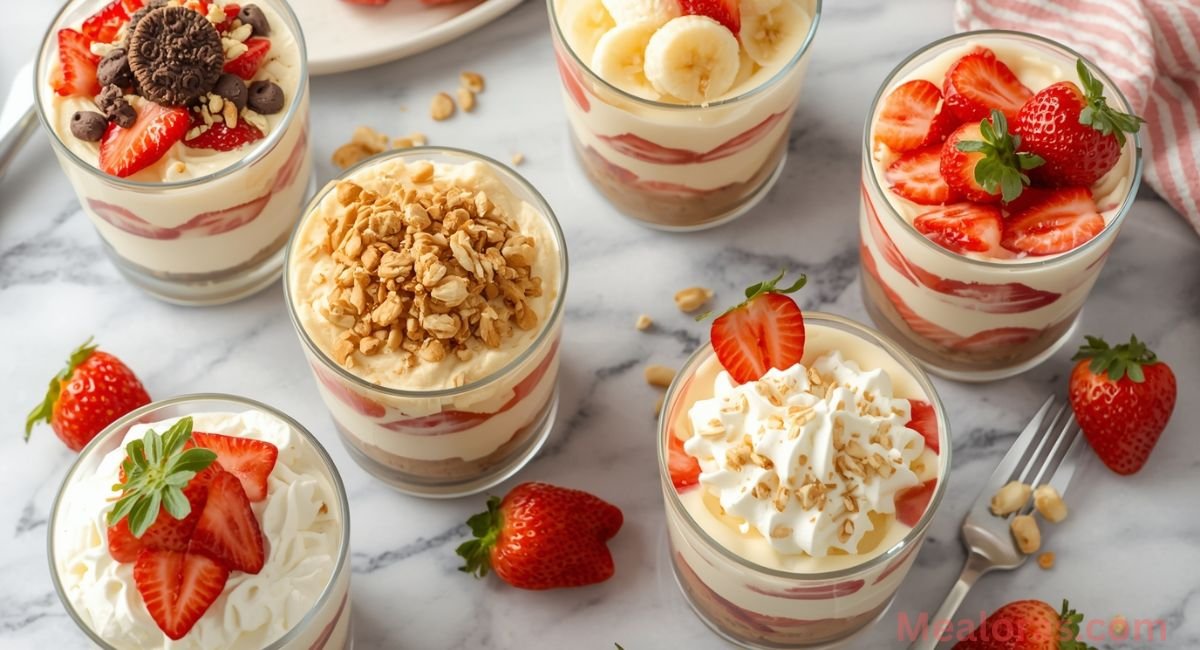 Creative variations of Strawberry Cheesecake Banana Pudding including no-bake and baked cheesecake base, crunchy toppings, strawberry shortcake layers, and low-sugar high-protein