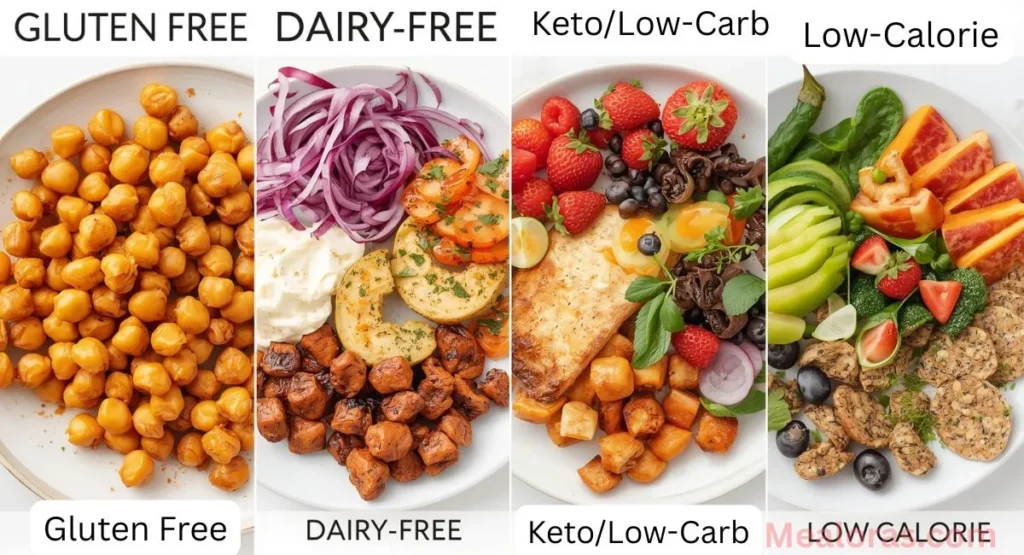 Tiffany Plate diet variations and meal prep tips: Gluten-Free, Dairy-Free, Keto/Low-Carb, and Low-Calorie options with fresh vegetables, fruits, proteins, and healthy substitutes for balanced meals