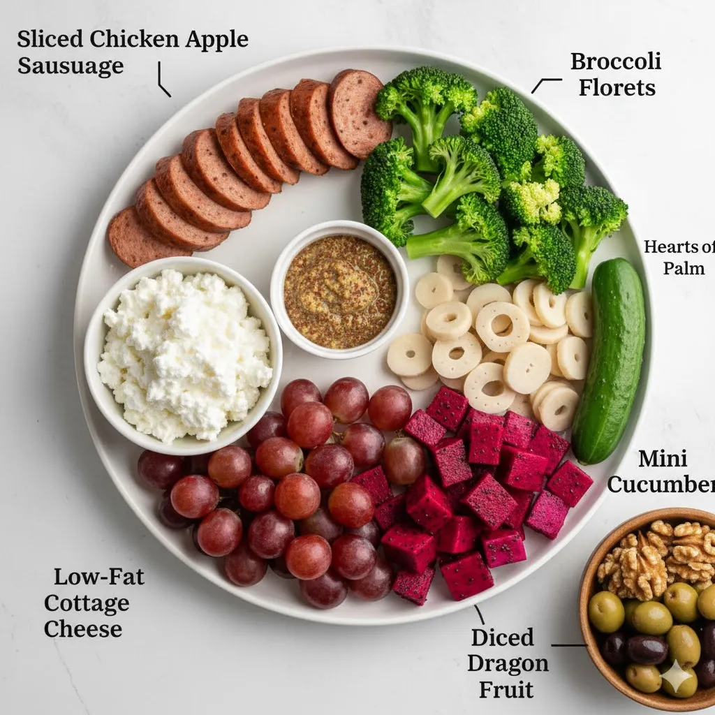Tiffany Plate ingredients including chicken sausage, cottage cheese, mustard, broccoli, hearts of palm, cucumber, grapes, and walnuts