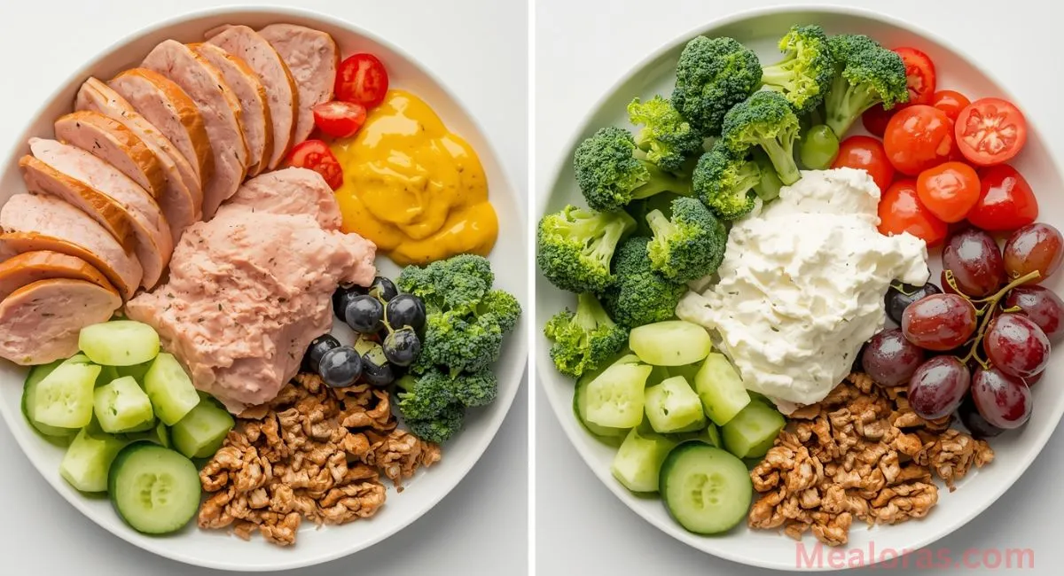 Step-by-step Tiffany Plate instructions: slicing proteins, arranging vegetables and fruits separately, adding cottage cheese and mustard dips for a balanced plate