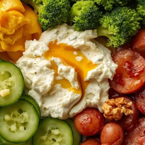 Tiffany Plate with chicken sausage, cottage cheese, fresh vegetables, fruits, and dips arranged neatly on a plate