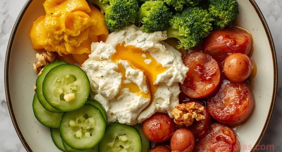 Tiffany Plate with chicken sausage, cottage cheese, fresh vegetables, fruits, and dips arranged neatly on a plate