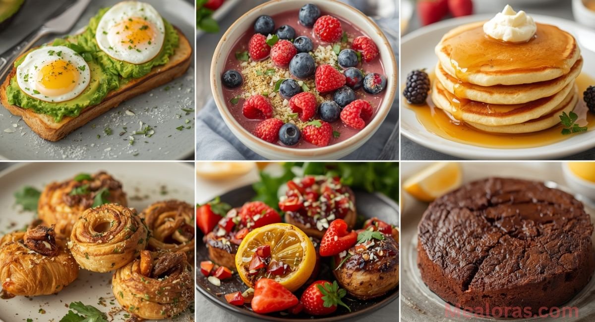 easy homemade recipes including avocado toast, smoothie bowl, pancakes, stuffed mushrooms, garlic knots, grilled chicken, and chocolate lava cake