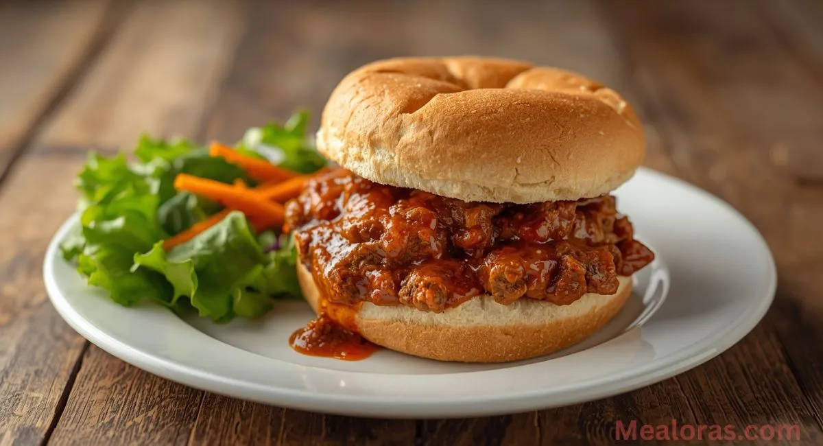 Sloppy joe sauce served warm on toasted hamburger buns, ready to eat