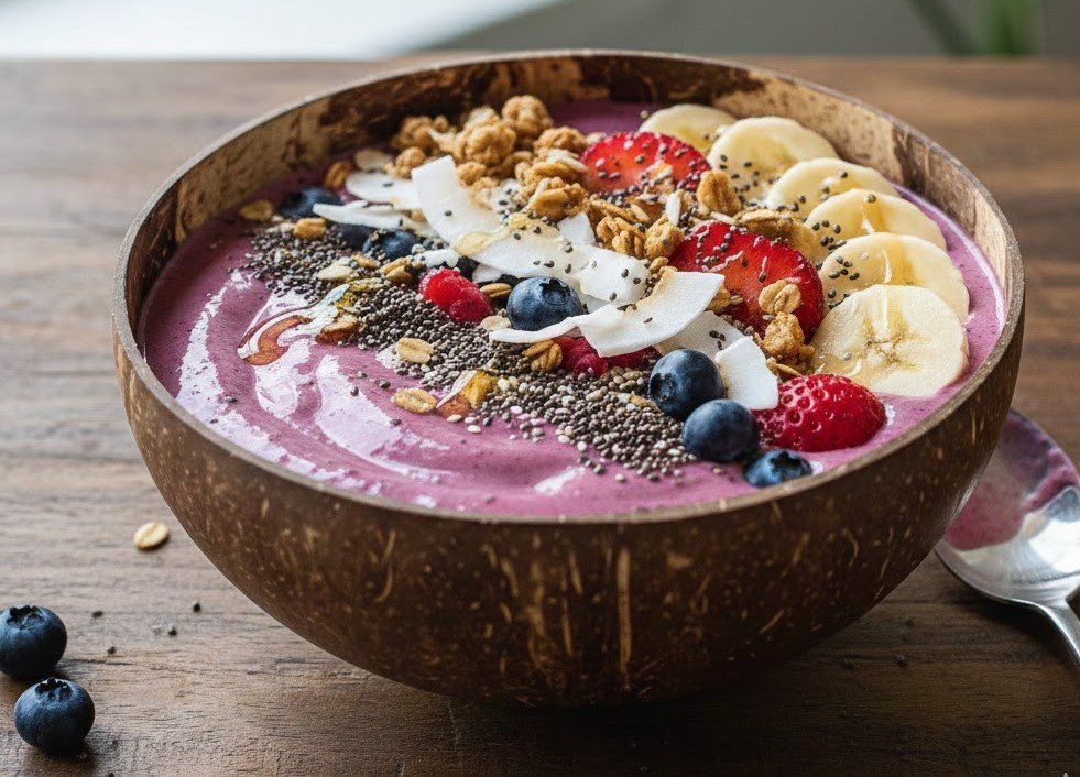 berry smoothie bowl blended with banana and yogurt, topped with granola, chia seeds, and fresh fruit