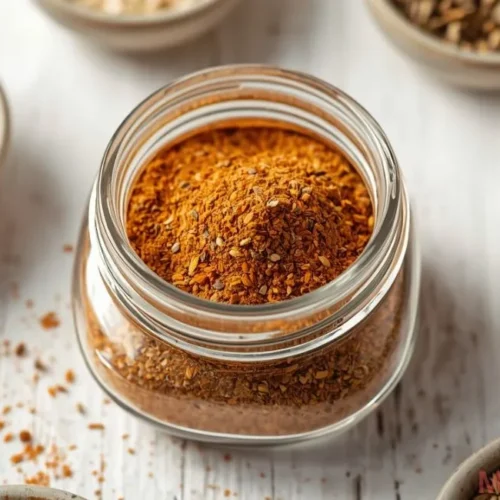 All-purpose chicken seasoning in a small jar with spices in the background