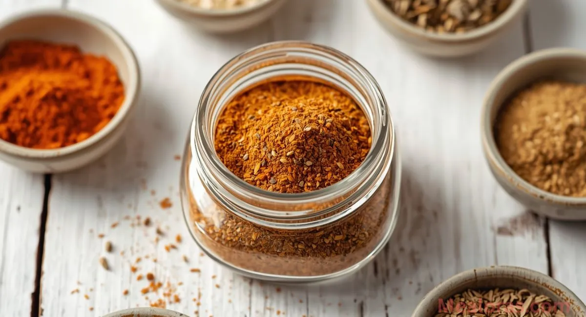 All-purpose chicken seasoning in a small jar with spices in the background